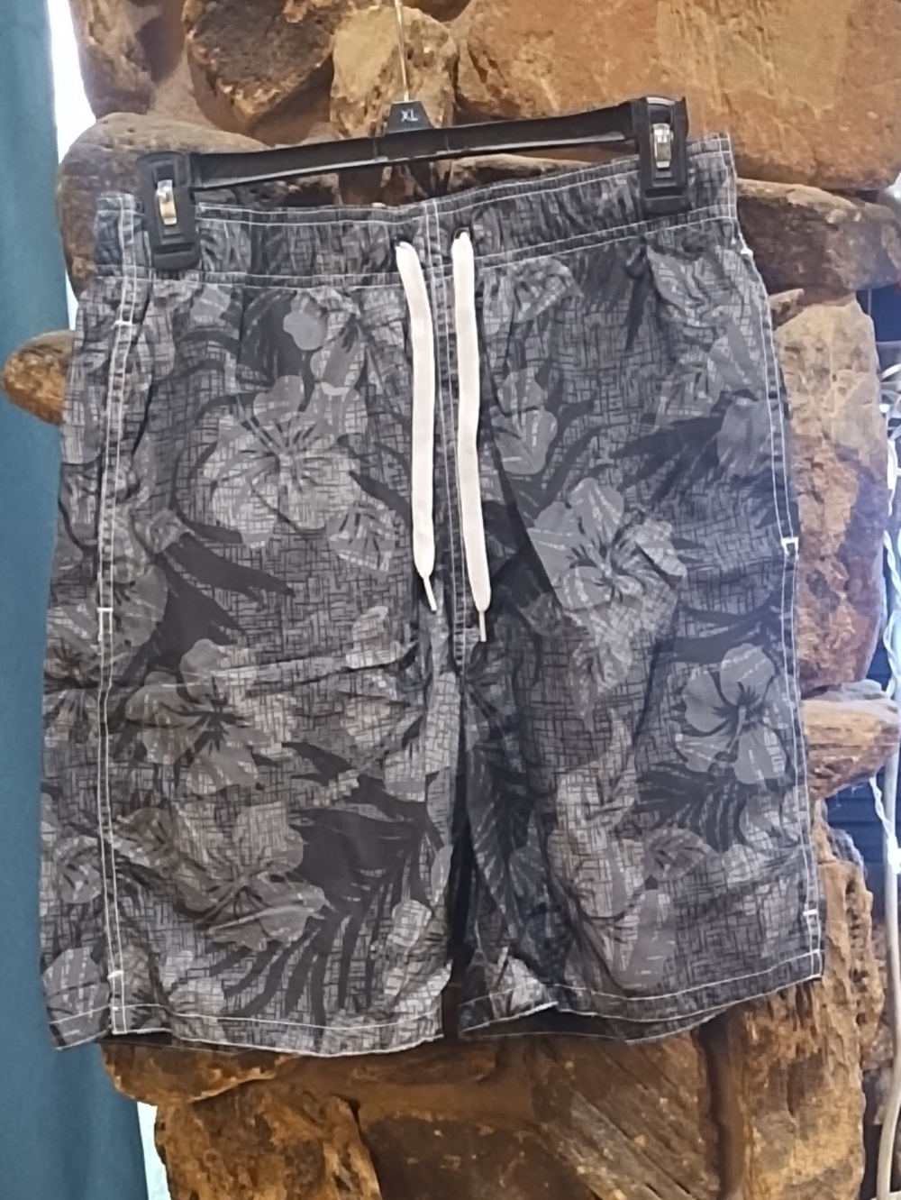 No Label Men's Gray Floral Swim Trunks with Drawstring